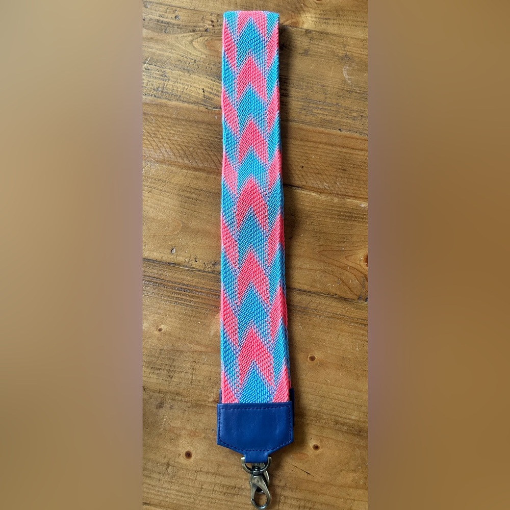 Wide woven bag strap in multicolor blue, lavender and orange. Brass hardware